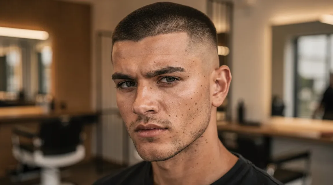 Homme avec un buzz cut frais dans un salon de coiffure moderne, lumière chaude, style masculin soigné