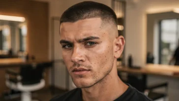 Homme avec un buzz cut frais dans un salon de coiffure moderne, lumière chaude, style masculin soigné
