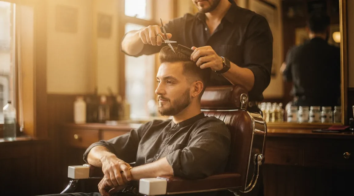 Coupe de cheveux homme dans un salon de coiffure vintage