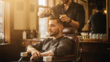 Coupe de cheveux homme dans un salon de coiffure vintage