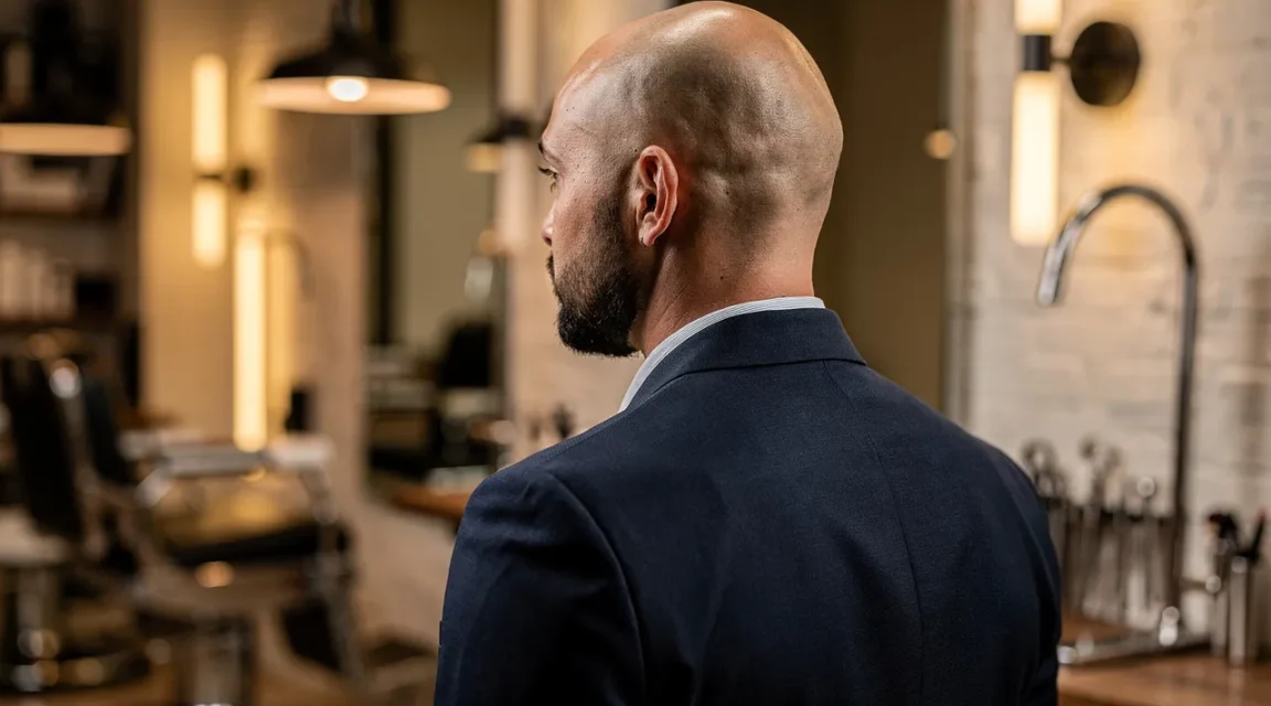 Homme chauve classe avec barbe courte et veste ajustée dans un barber shop