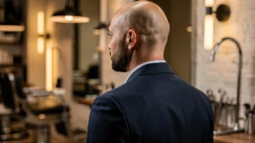Homme chauve classe avec barbe courte et veste ajustée dans un barber shop