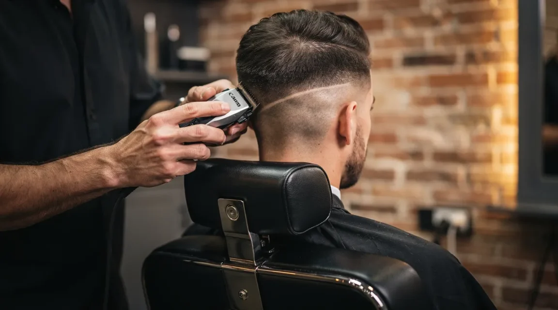Coiffeur réalisant une coupe taper dans un salon moderne, détail sur la nuque