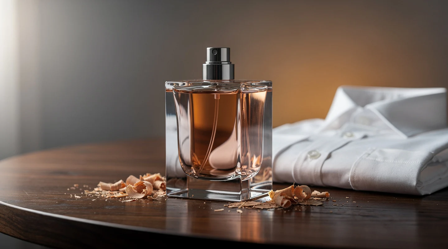 Flacon de Dior Homme 2020 posé sur une table sombre, ambiance boisée et élégante