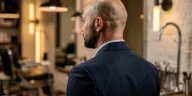 Homme chauve classe avec barbe courte et veste ajustée dans un barber shop